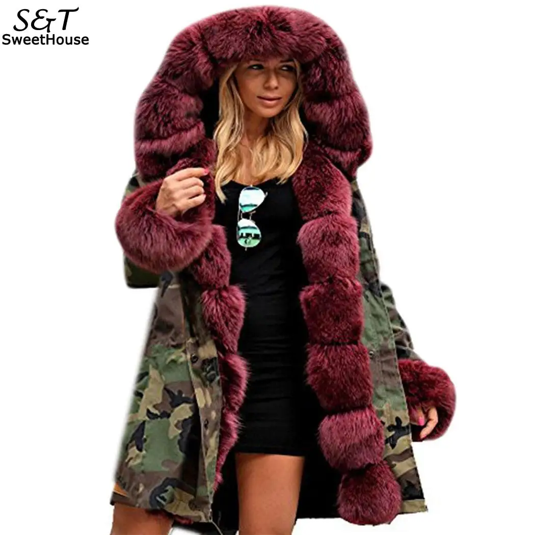 Зимняя куртка для женщин камуфляжная Abrigos Mujer Invierno 2018 большой меховой воротник
