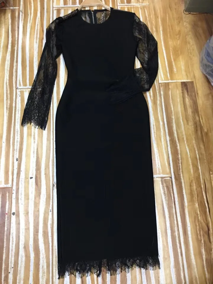 

High Quality Sexy Long Sleeve Lace Knee Length Rayon Bandage Dress 2019 Knitted Elastic Party Dress
