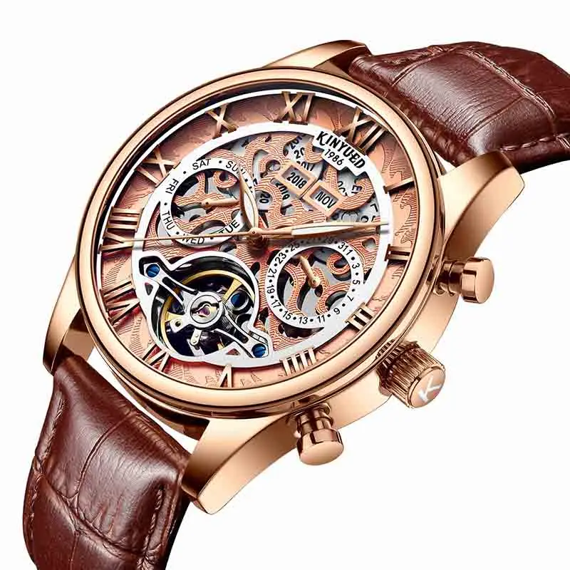 KINYUED Tourbillon автоматические часы мужские розовое золото год Дата День Скелет Механические мужские s herenhorloges mechanische horloges - Цвет: Rose Gold Brown