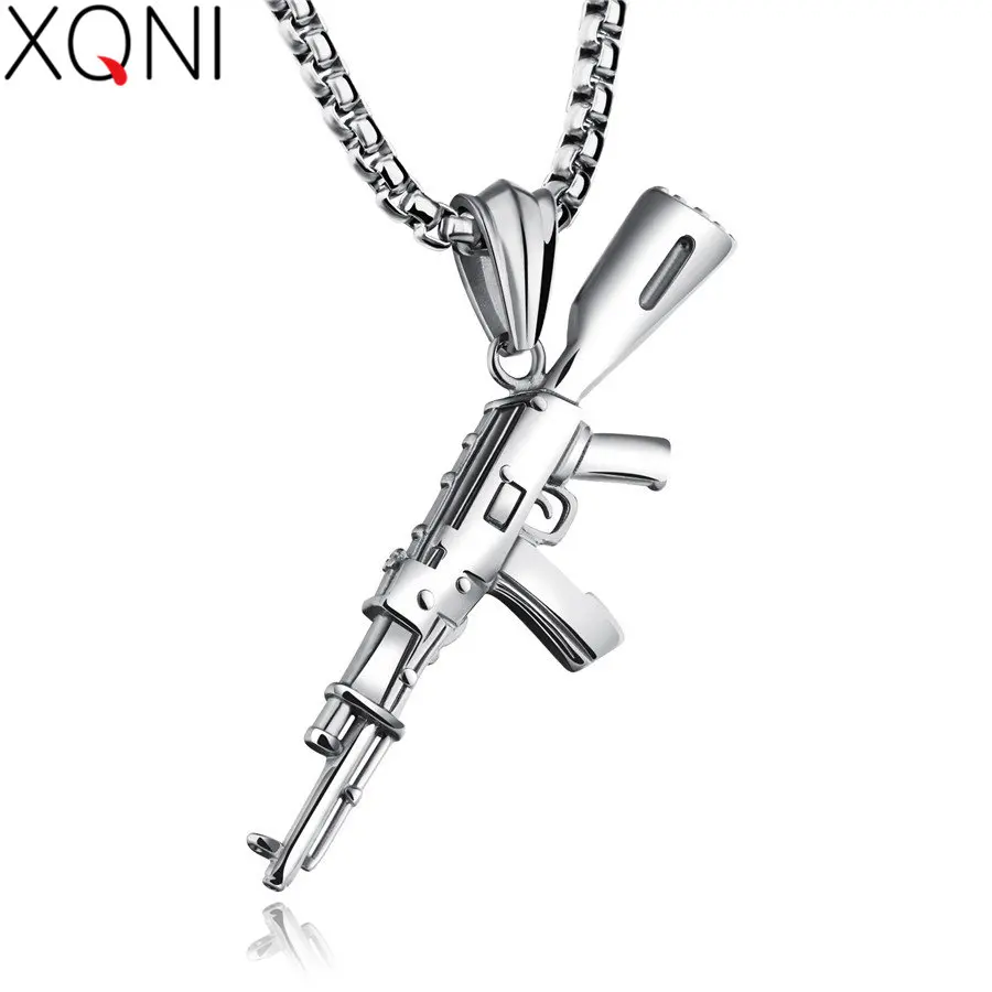 XQNI, мужское ожерелье, s, AK-47, винтовка, узор, льдом, ожерелье, нержавеющая сталь, хип-хоп, велосипед, Военный стиль, для мужчин, модное ювелирное изделие - Окраска металла: Посеребренный