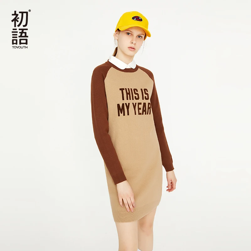 Toyouth New Letter Women Kintted Dresses Jacquard Contrast Color Long Sleeve Dress Female Casual Autumnn Dress Vestido De Festa