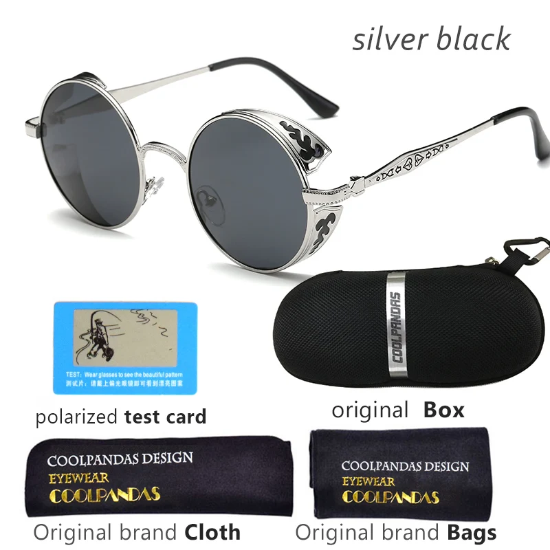 Y-silvr black COOLPANDAS унисекс поляризационные готические солнцезащитные очки в стиле стимпанк для мужчин женщин зеркало с покрытием круглый защита от солнца винтажные Ретро очки Gafas Masculino - Цвет линз: Y-silvr black
