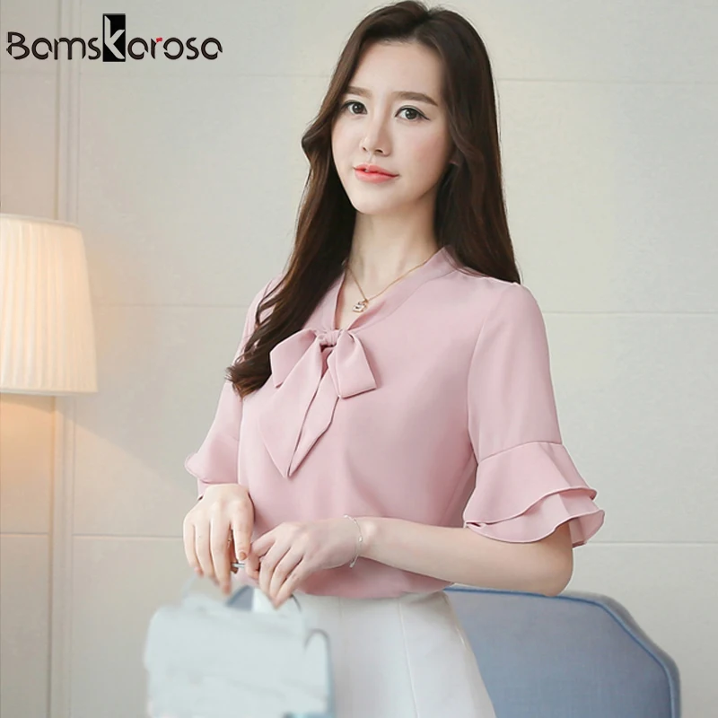 Женская шифоновая блузка белая с рюшами и галстуком-бабочкой элегантная офисная