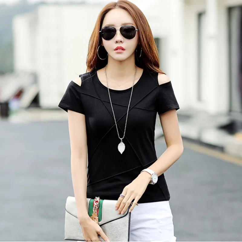 BOBOKATEER размера плюс футболка женская футболка camisetas verano mujer летний топ с открытыми плечами футболка Женские топы Футболка femme - Цвет: Черный