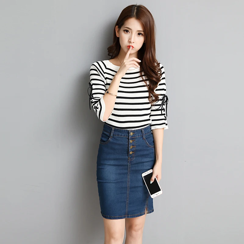 Hight Waist Women Slim Denim Pencil Skirt 2017 New Fashion Open Slit Buttons Sexy Office Ladies Mini Skirts Work Wear | Женская одежда
