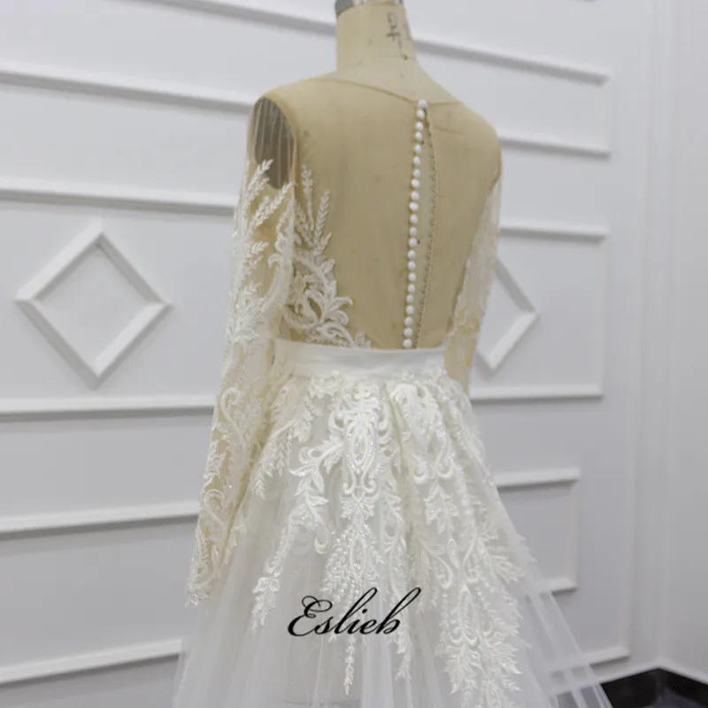

2019 Real Photo Tulle Best Sales Product Mermaid White Lace Wedding Dress Custom Made High Quality Detachable Train SJ054