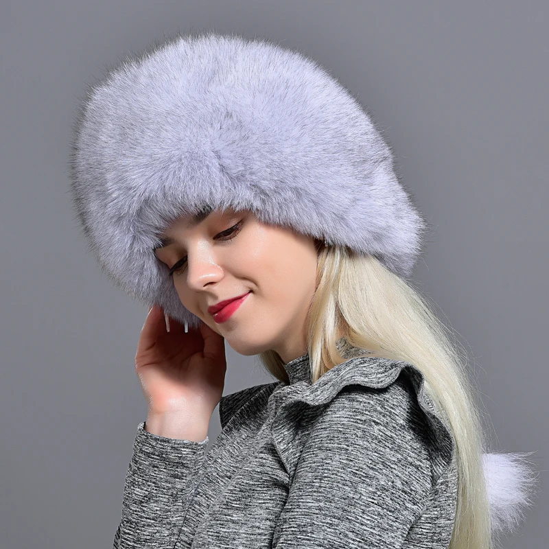 Raglaido Real Fox Fur Bomber Hat for Women with Leather Thick Warm Sheepskin 56-60cm Lady Winter Caps LQ11190