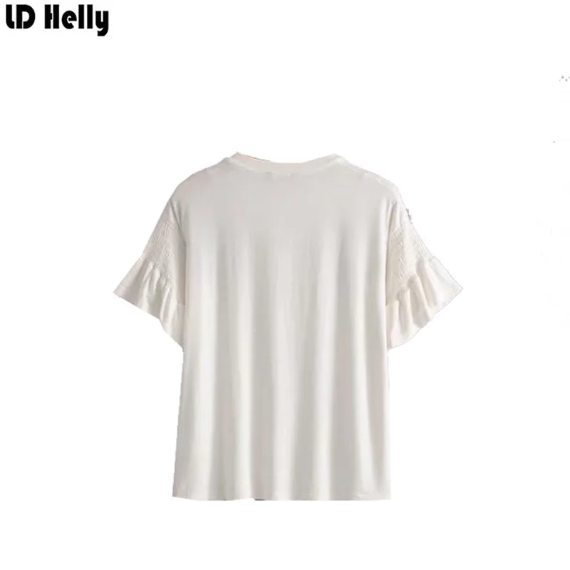 LD Helly 2018 Для женщин цветочной вышивкой белая футболка Лето Бабочка рукавом
