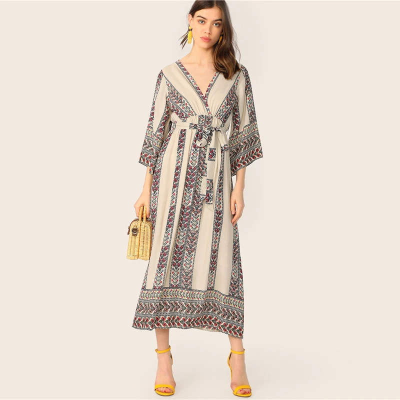 Sheinside Boho платье с v-образным вырезом и цветочным принтом для женщин летние прямые платья с высокой талией и поясом дамское платье с рукавом 3/4