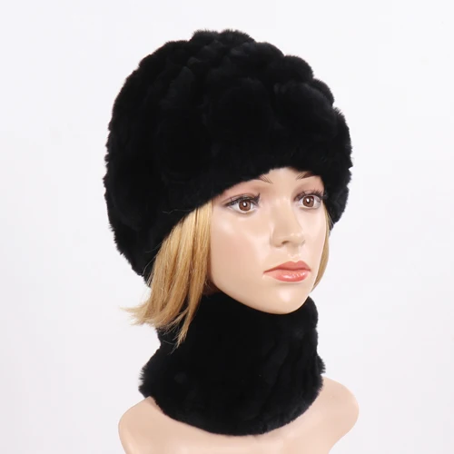 Новые женские зимние шарфы из натурального меха головные уборы наборы хороший эластичный вязаный настоящий шарф из меха кролика рекс шапка женская натуральный мех Шарфы Шапки - Цвет: black