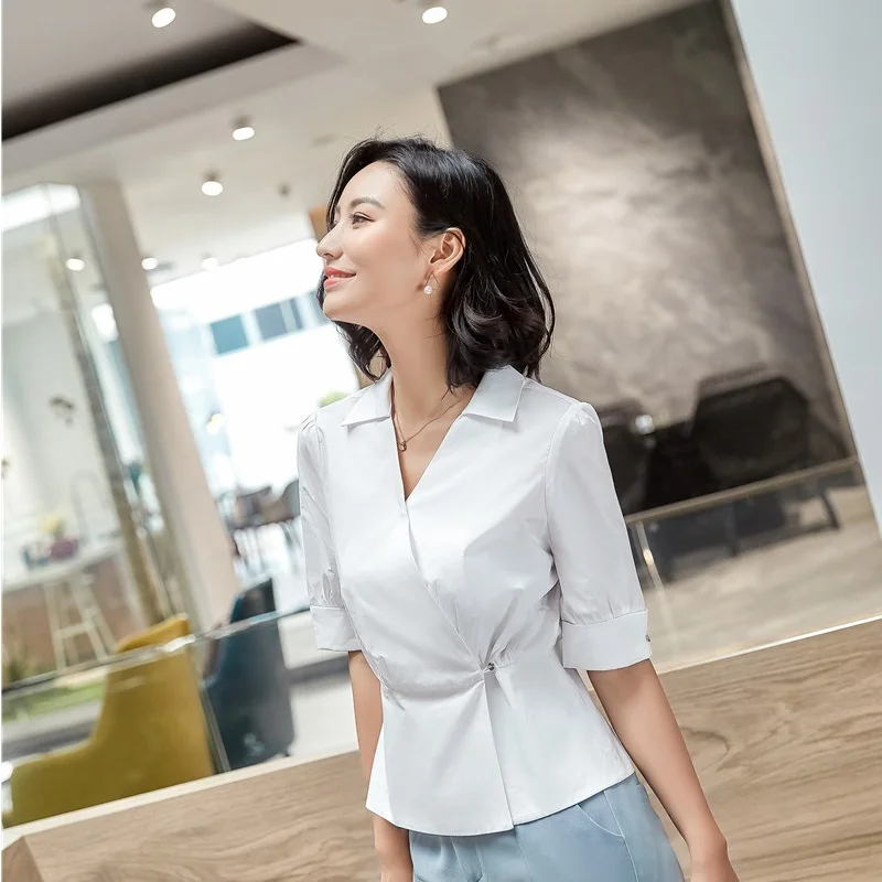 Новинка белые стильные женские блузки и рубашки OL женская летняя рабочая одежда