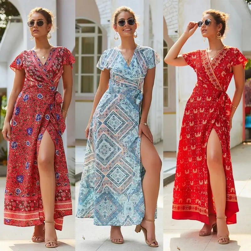 Женское платье с цветочным принтом Boho летнее пляжное треугольным вырезом и