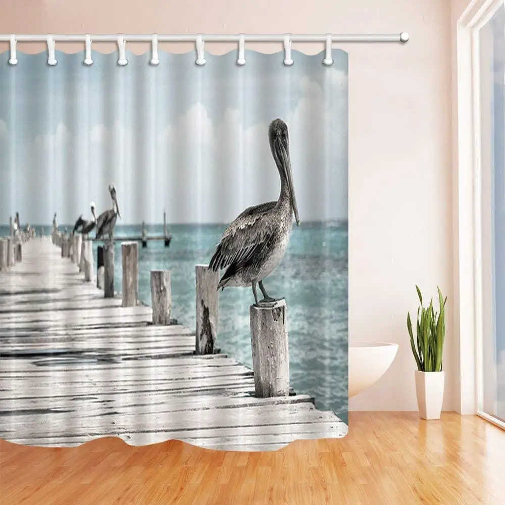 Декор птиц Pelicans on Wood of Bridge Over Sea Shower занавески из полиэстера украшения для