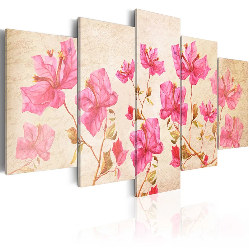 

5 Pieces Printed Pink flower Canvas Oil Painting Decoration Wall Picture In Living Room Modern Canvas Art Framed PJMT-B（322）