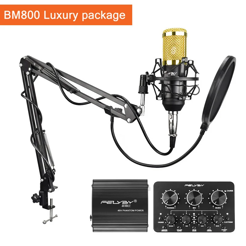 Black Full set FELYBY Профессиональный живой конденсаторный микрофон для компьютера и телефона bm 800 караоке микрофон многофункциональная живая звуковая карта - Цвет: Black Full set