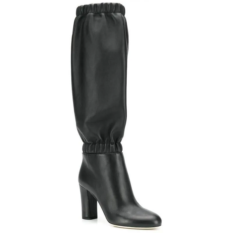 Knsvvli New Pleated Knee High Boots Women Round Toe Black Grey Autumn Shoes Ladies Elastic Strap Heels Botas Femininas | Обувь