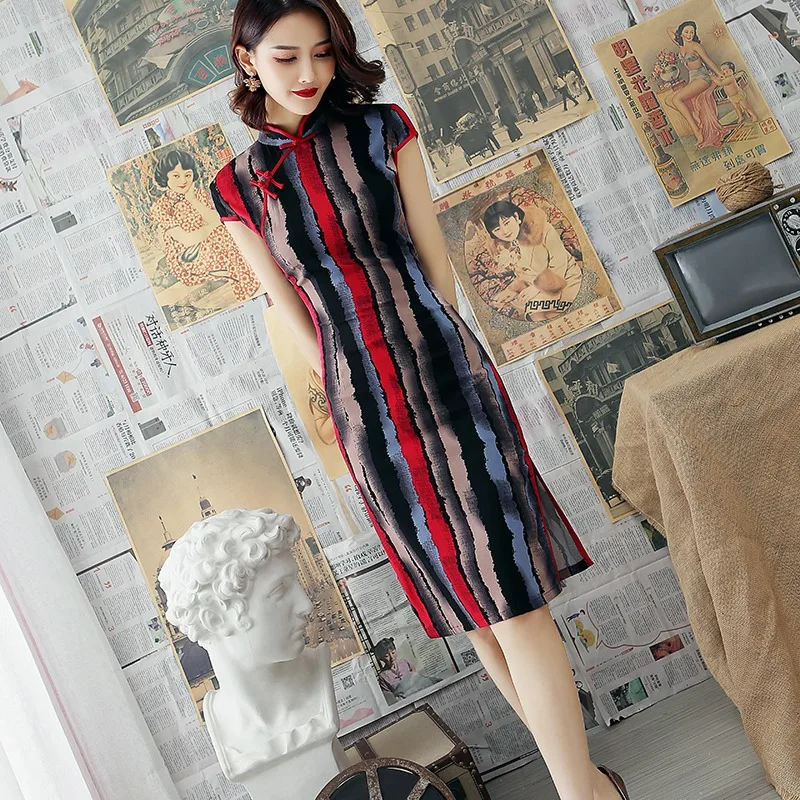 Воротник мандарина винтажное хлопковое белье Cheongsam тонкий длинный Летний Vestidos короткий рукав традиционное китайское Ципао женское платье