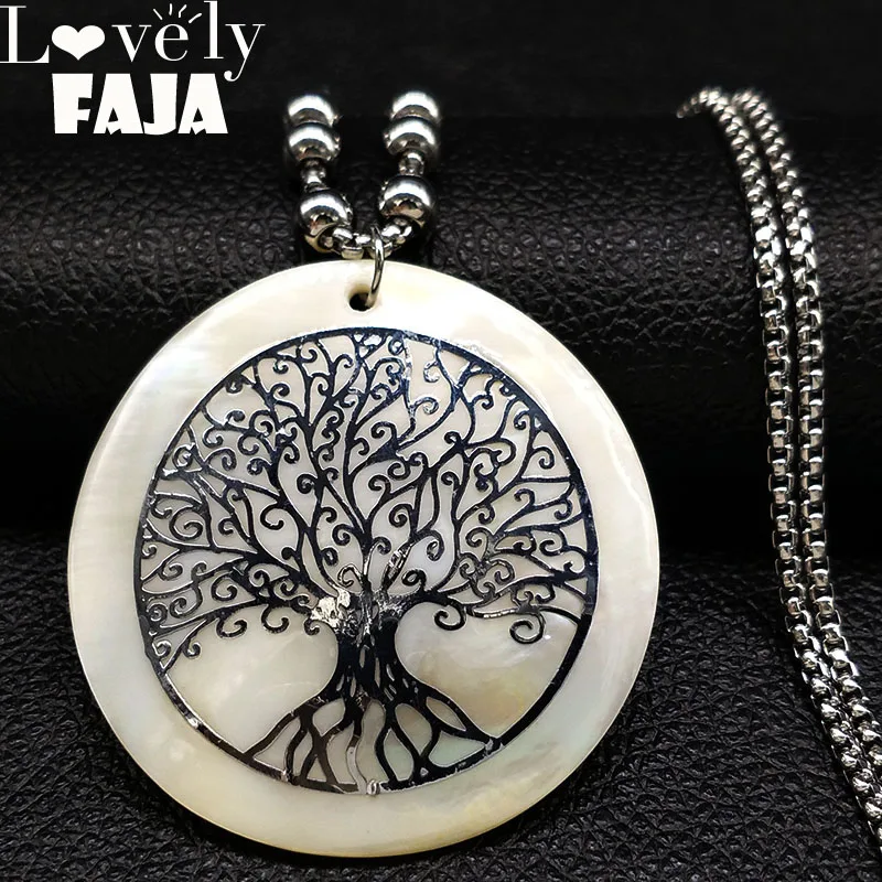 

2021 Tree of Life Shell Stainless Steel Necklaces Women Long Silver Color Necklace Jewelry bijoux acier inoxydable femme N18418