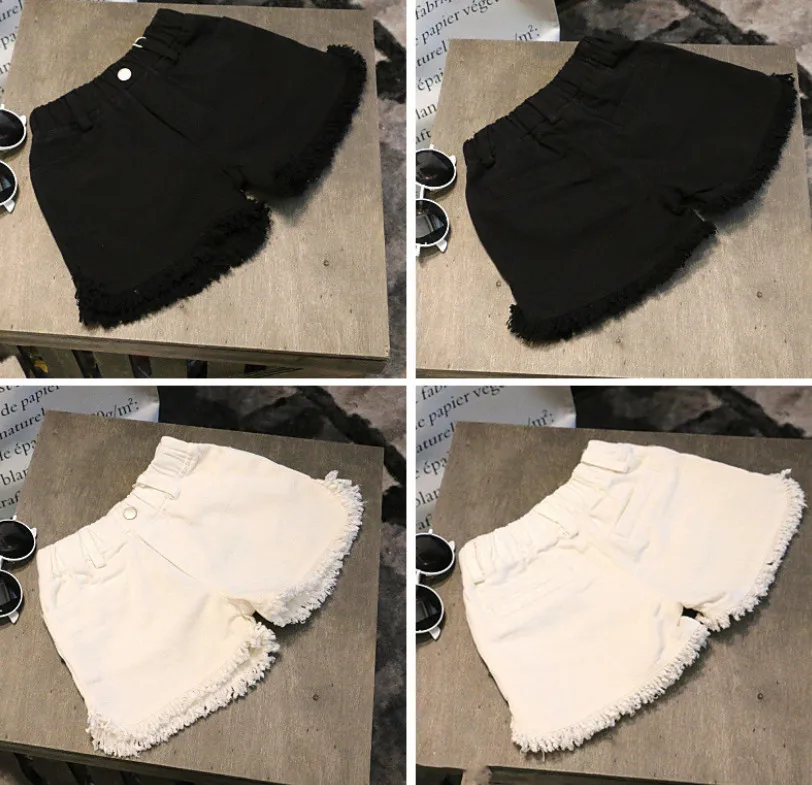 Джинсовые шорты для девочек модные штаны из денима с бахромой белые черные на