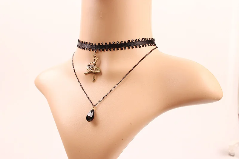 2017 Exquisite Black Lace Ballet Water Drop Crystal Pendant Double Layer Choker Necklace For Women Best Like Gift N258 |