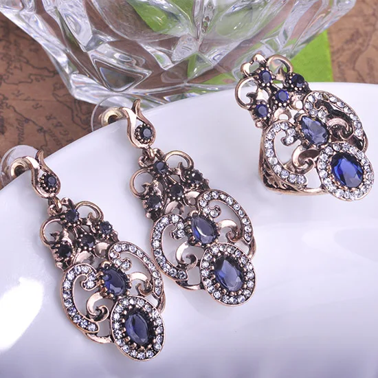 

Blucome Green Resin Earrings Ring Set Water Drop Big Size Turkish Jewelry Set Vintage Party Rings Long Pendientes For Lady Women