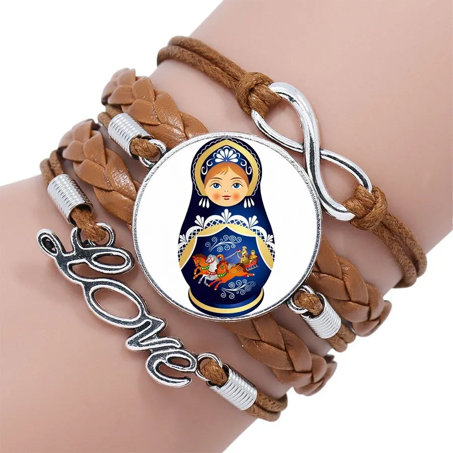 Antique Vintage Style Multilayer Black/Brown Leather Bracelet Bangle Jewellery For Girls Gifts Russian Dolls | Украшения и