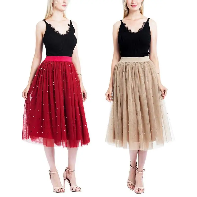 2018 летние Для женщин Бисер сетки юбка миди Тюлевая женский серебряный