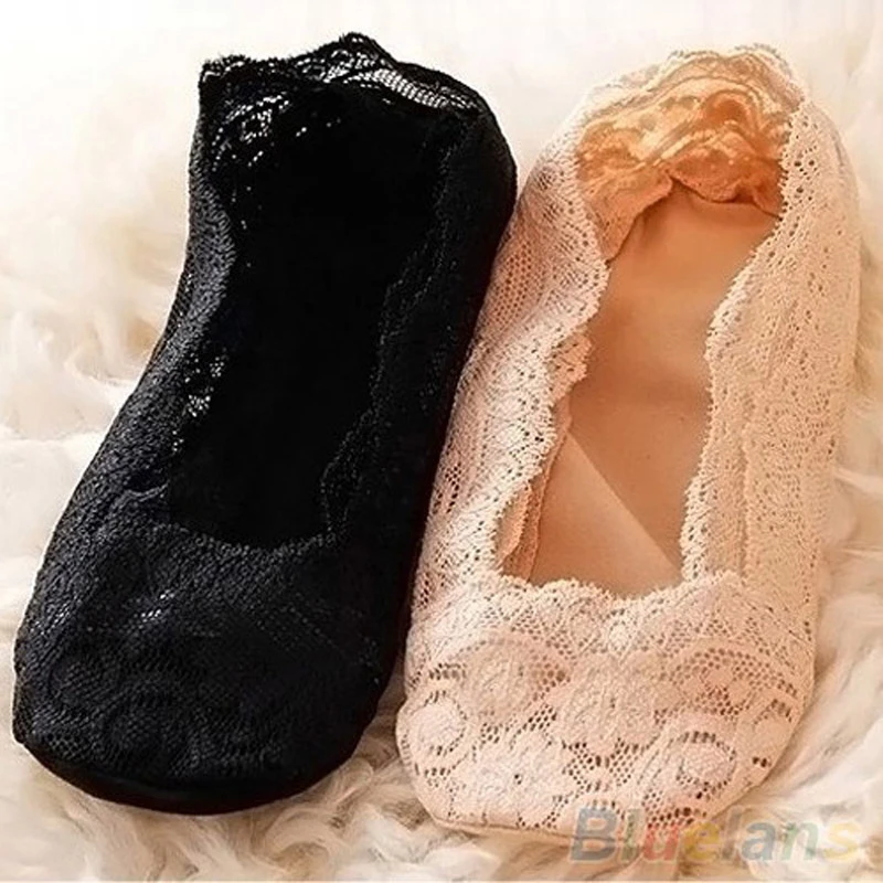 Носки невидимки женские кружевные Нескользящие хлопковые короткие с подкладкой
