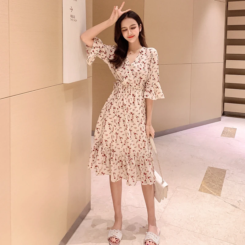 Женское шифоновое длинное платье с v-образным вырезом и рукавами-бабочками 2019 |