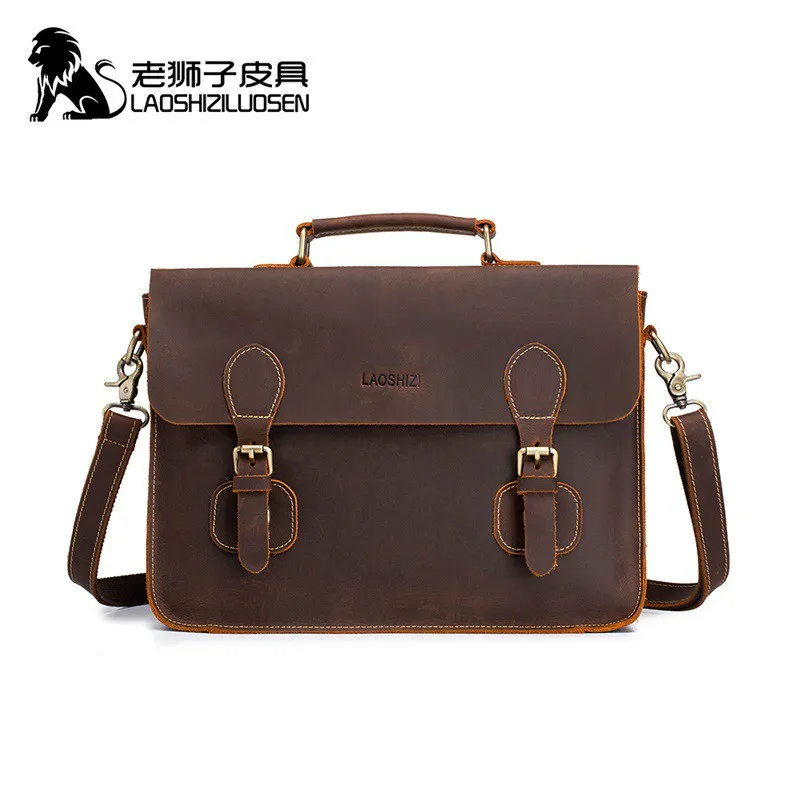 LAOSHIZI кожаная сумка для ноутбука мужчин из натуральной кожи мужская через плечо