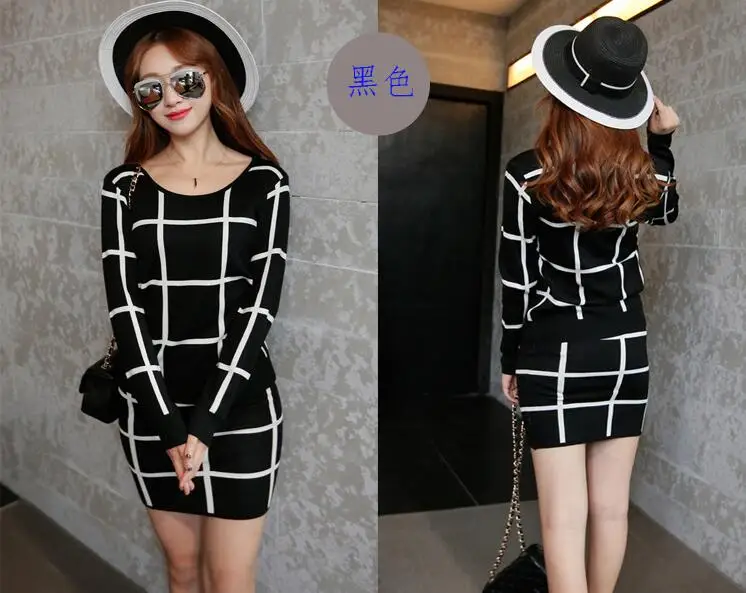 Новые женские большие трикотажный плед Костюмы с круглым вырезом длинным рукавом вязаный кроп топ +