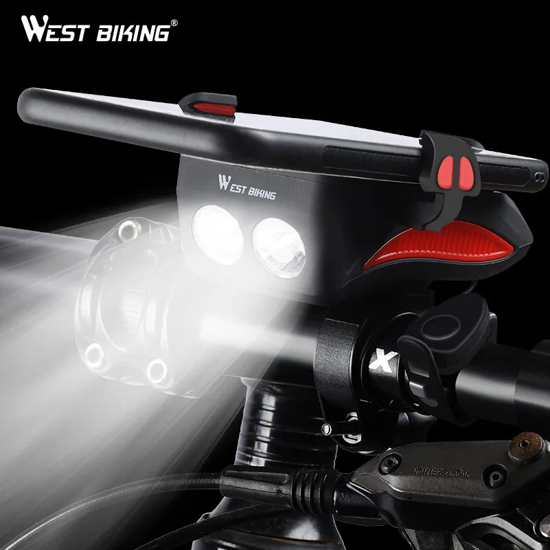 WEST BIKING велосипедный светильник, заряжаемый от USB, флэш-светильник, держатель для телефона, велосипедная лампа 2000/4000 мАч, внешний аккумулятор, велосипедный рожок, светодиодный светильник