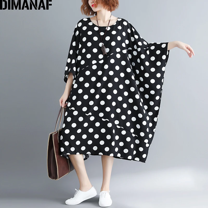Фото Женское платье в горошек DIMANAF свободное Повседневное большого размера с рукавами