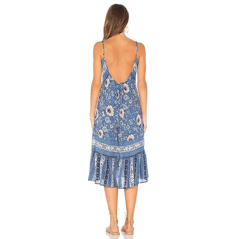 Богемный Вдохновленный миди Слип летнее платье синий цветочный принт без