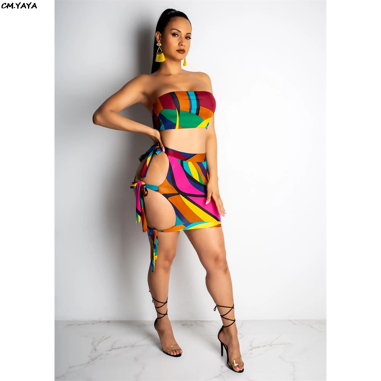 Женский облегающий укороченный Топ без бретелек с геометрическим принтом