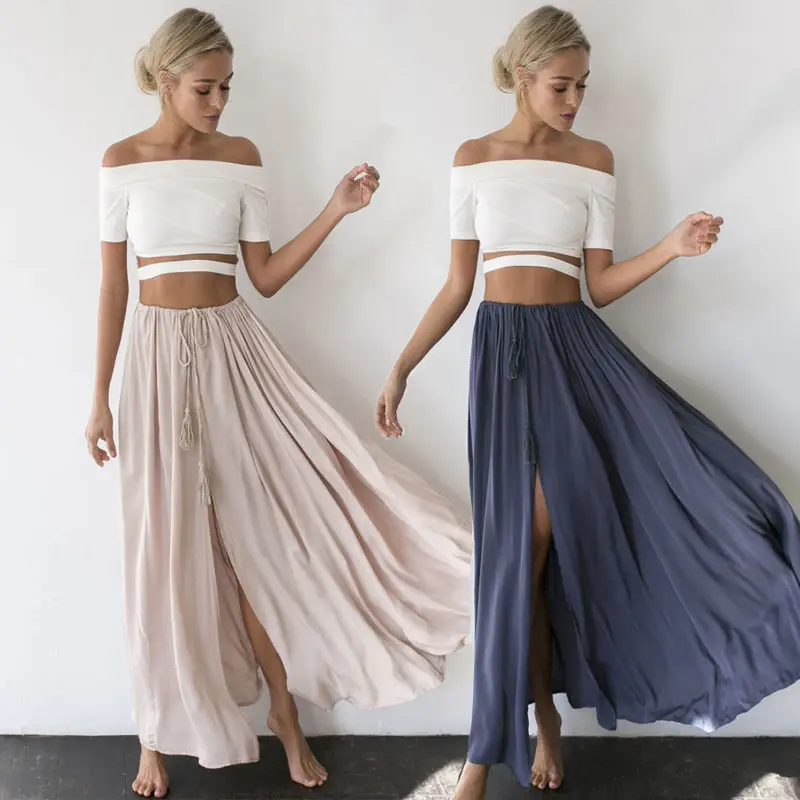 Sexy Fashion Women's Summer Boho Casual Long Maxi Party Beach Skirt Lace Up Pleated High Waist 2 Colors Solid Vent | Женская одежда