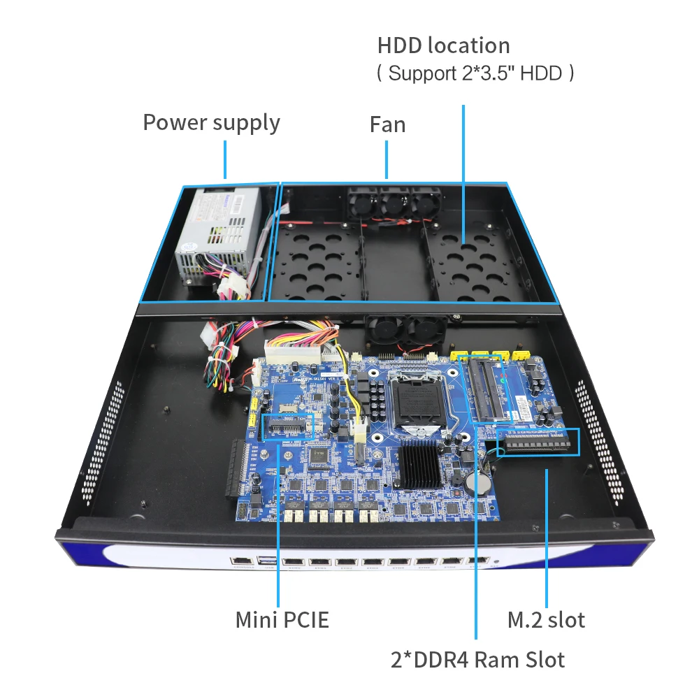 Серверное шасси Yanling 19 дюймов 1U сетевой экран с процессором Intel i7 6700 8 гигабитных Lan
