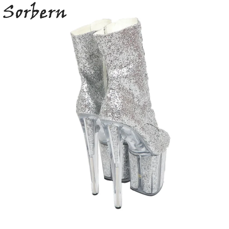 

Sorbern Silver Glitter Ankle Boots For Women Sparerib Sequins Insert Platform Boots Transparent 20Cm Heels 10Cm Platform Custom