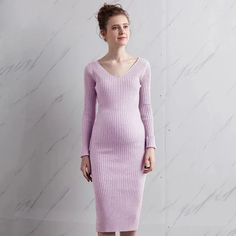 Женское трикотажное платье с V образным вырезом Осень зима|clothes for pregnant|clothes pregnant