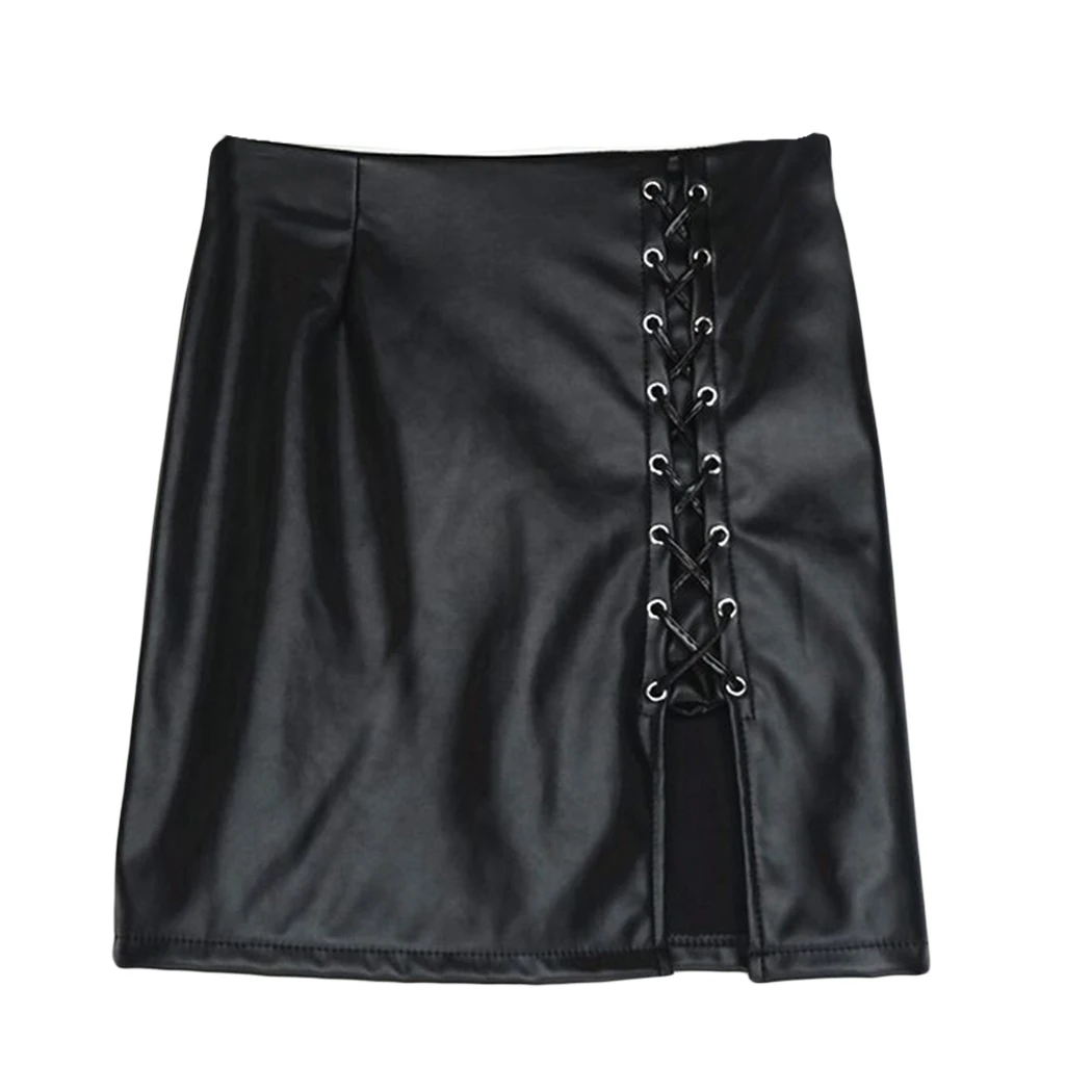 Черные юбки из искусственной кожи на шнуровке 2017 Демисезонные женские