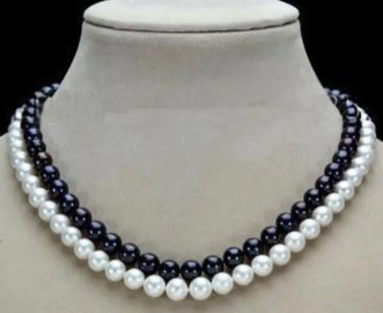 

Горячая продажа Бесплатная доставка> 7-8 мм Черный Белый 2 ряда натуральный жемчуг ожерелье 17-18''