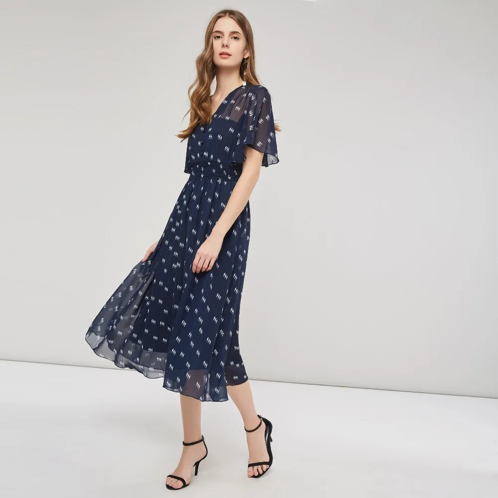 Для женщин летние платье с рукавом рюшами V шеи Boho Повседневный шифоновый пляжный