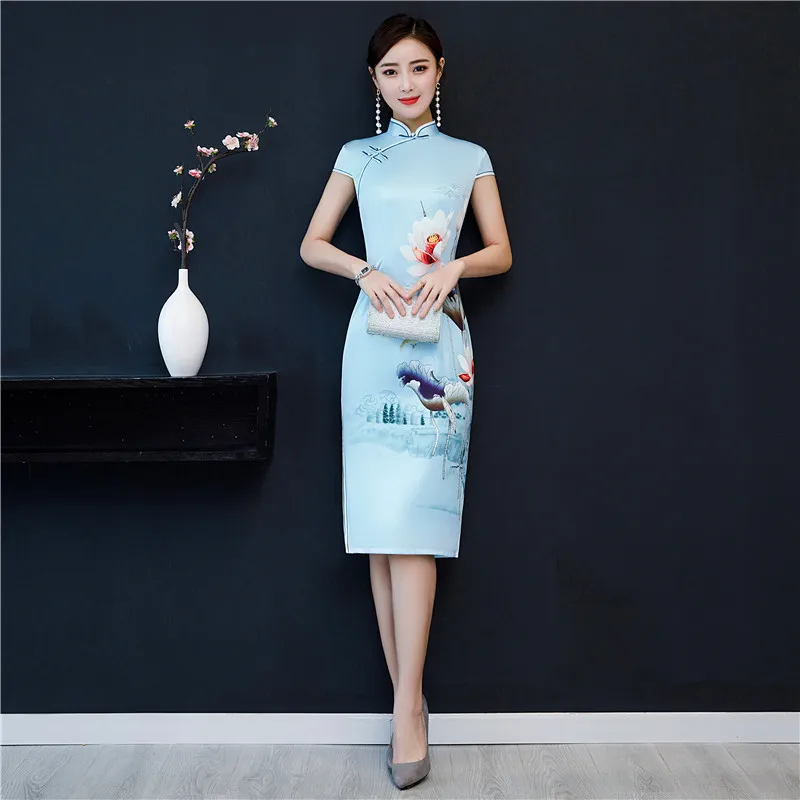 Spring Summer Fashion Flower Cheongsam Long Dresses Blue Elegant Slim Qi Pao Women Chinese Traditional Dress Plus Size Qipao |