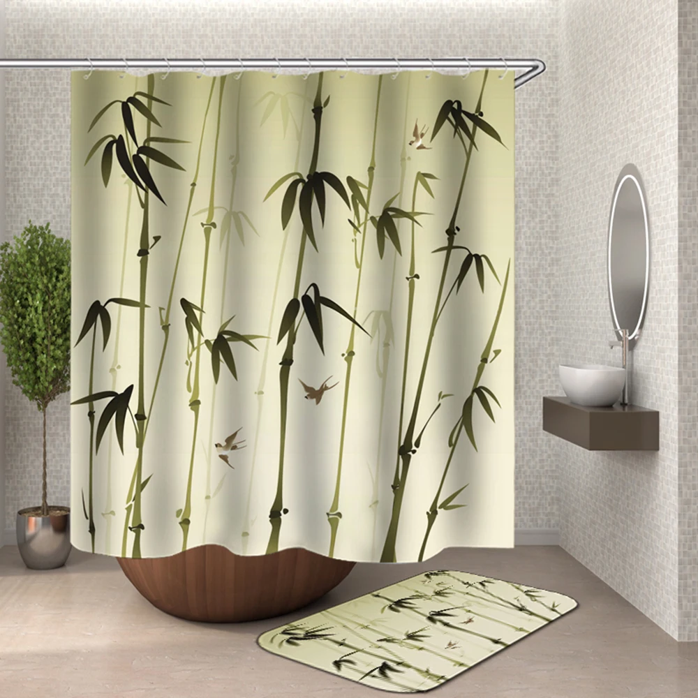 

Bamboo Shower Curtain Polyester Painting Bamboo Curtain For The Bathroom Green Plants Bathroom Curtain Chinese Painting Shower