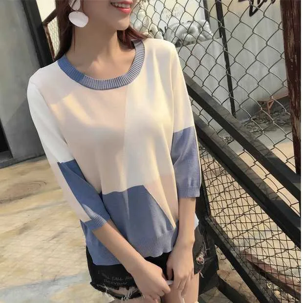 Vangull Summer Contrast Color Women Sweater Casual Half Sleeve Pullovers O-Neck Knitted Tops Jumper Thin Femme Soft | Женская одежда