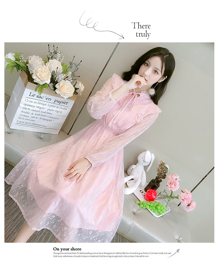 2019 Autumn Women Long Sleeve Lace Dresses Woman Korean Ruffles Lady Dress Tulle | Женская одежда