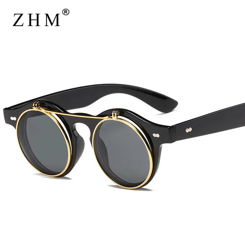 

2022 Fashion Vintage Round Steam Punk Flip Up Sunglasses Classic Double Layer Clamshell Design Gothic Sun Glasses Oculos De Sol