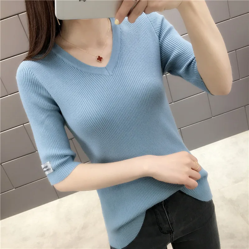 Summer 2019 Women New V-neck Sweaters Half Sleeve Slim Thin Pullovers Top Female Knitted Sweater 8 Colors | Женская одежда