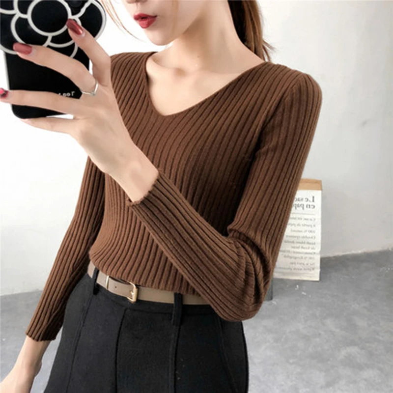 

2019 new women's spring Korean version of the wild top Slim short long-sleeved V-neck tight sweater tide RQ200