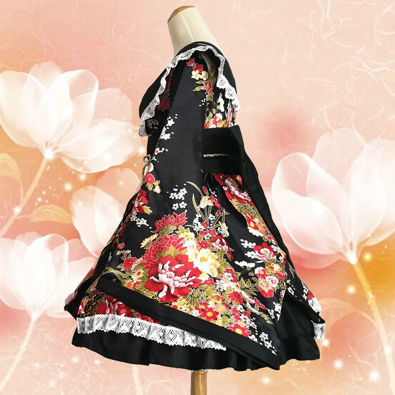 

Anime Cosplay Lace Lolita Flower Print Halloween Fancy Dress Gallus Japanese Kimono Costume